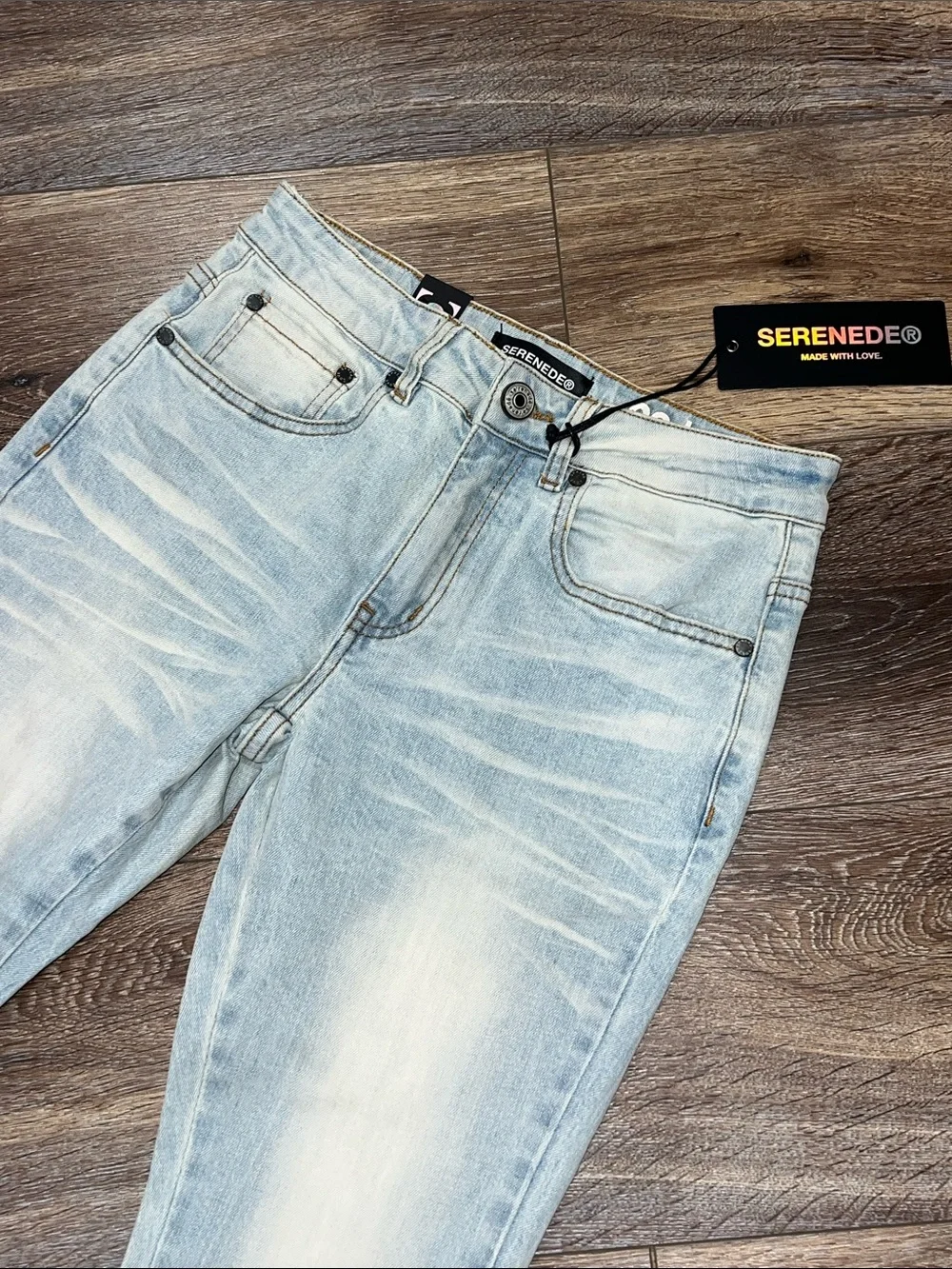 Serenede Garden Stacked Lace Applique Light Wash Unisex Denim Jeans 
